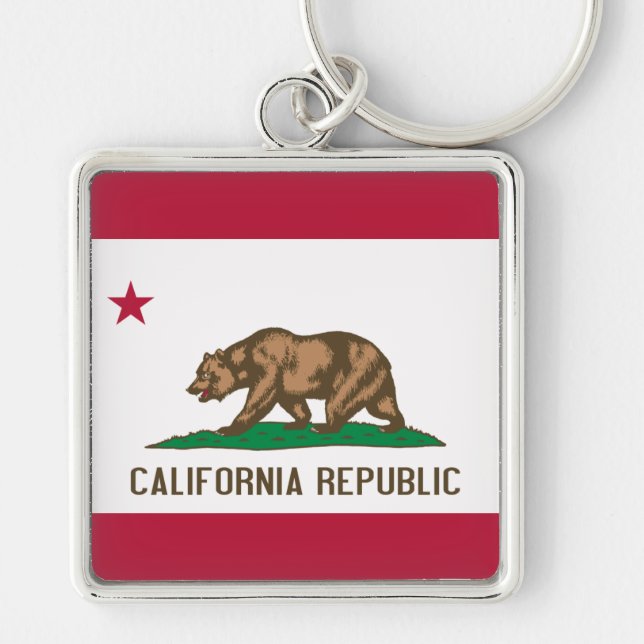 California Flagga Keychain Fyrkantig Silverfärgad Nyckelring (Framsidan)