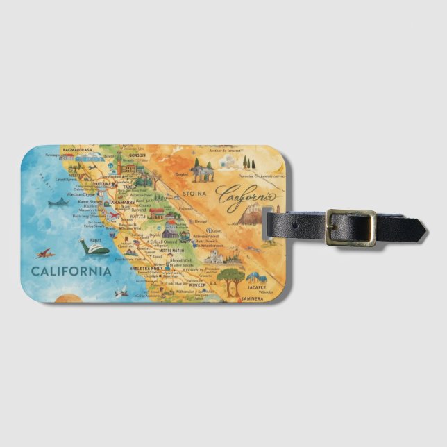 California Illustrated Watercolor Map Art Bagagebricka (Framsida horisontal)