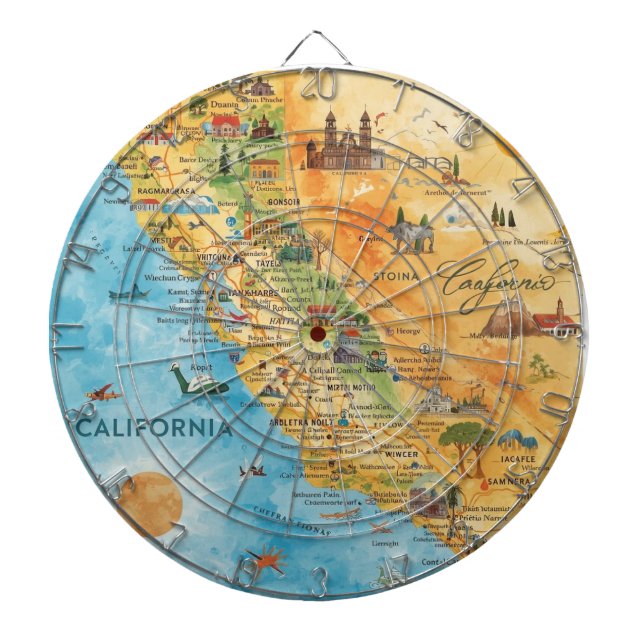 California Illustrated Watercolor Map Art Darttavla (Framsidan)
