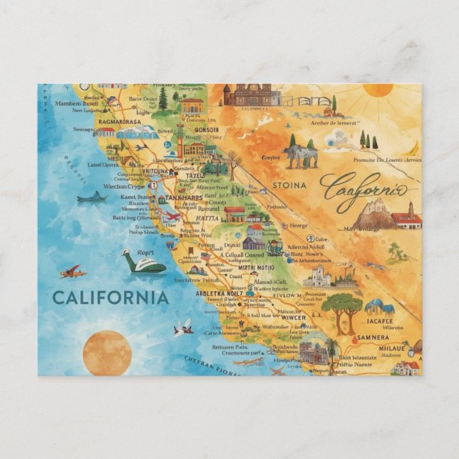California Illustrated Watercolor Map Art Helg Vykort (Framsida)
