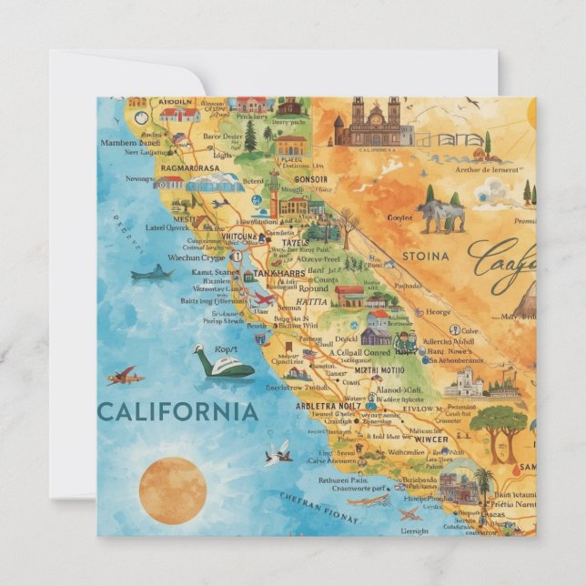 California Illustrated Watercolor Map Art Julkort (Framsida)