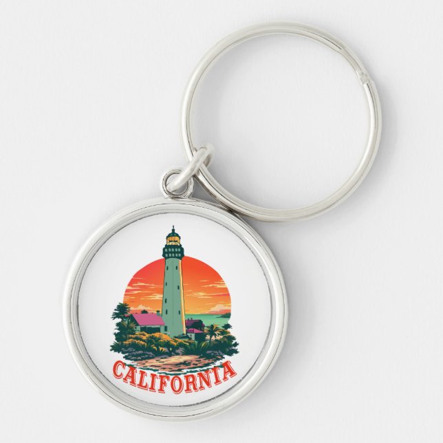 California Lighthouse Sunset View Rund Silverfärgad Nyckelring (Framsidan)