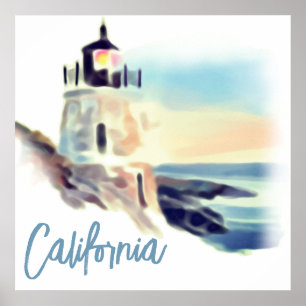 California Lighthouset Sunset Painting Fine Art Poster
