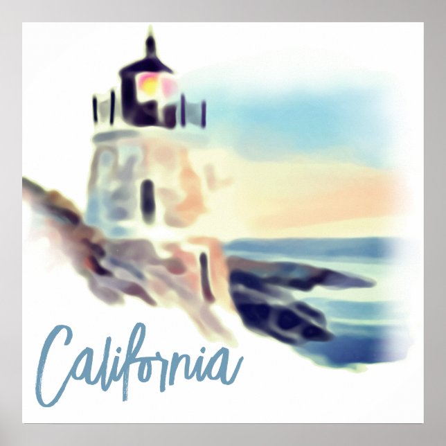 California Lighthouset Sunset Painting Fine Art Poster (Framsidan)