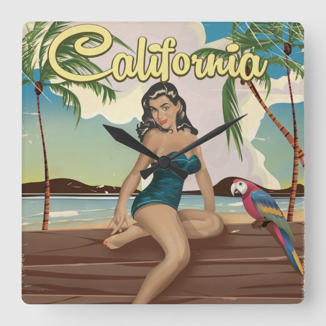 California Modell retro reseaffisch Fyrkantig Klocka (Framsida)
