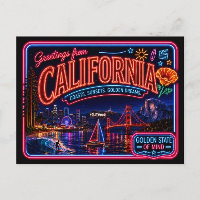 California Neon Stat Retro Vintage Vykort (Framsida)