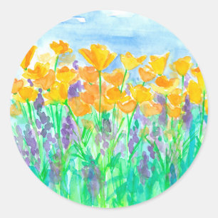 California Poppies Lila Lupines Wildblommor Runt Klistermärke