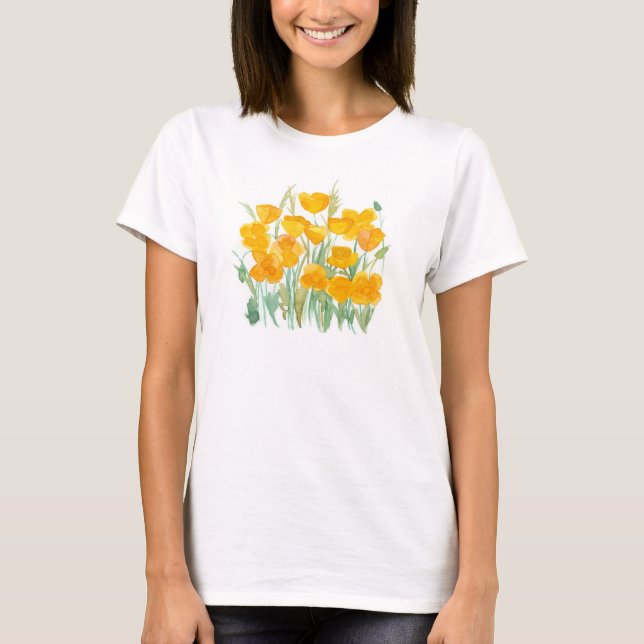 California Poppies Wildblommor Watercolor Garden T Shirt (Framsida)