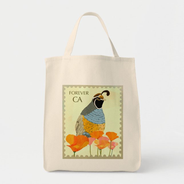 California Poppy and Quail Tote Bag Tygkasse (Framsidan)