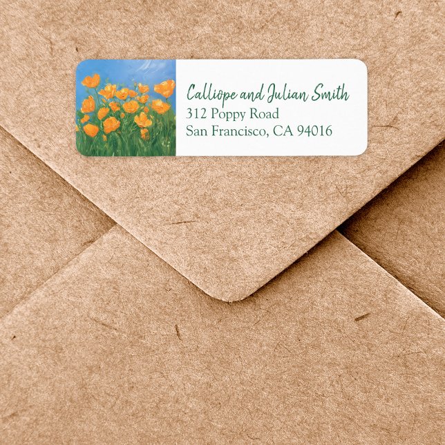 California Poppy Fält Painting Returadress Returadress Etikett (Add a bright pop of color with these california poppy flower field return address labels.)