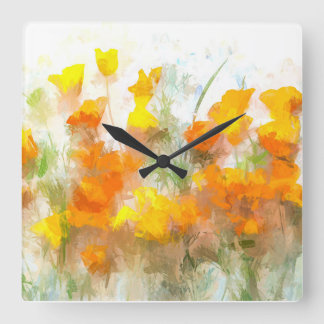 California Poppy Impressionistic Art Fyrkantig Klocka