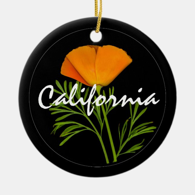 California Poppy on Black med "California" text Julgransprydnad Keramik (Framsidan)