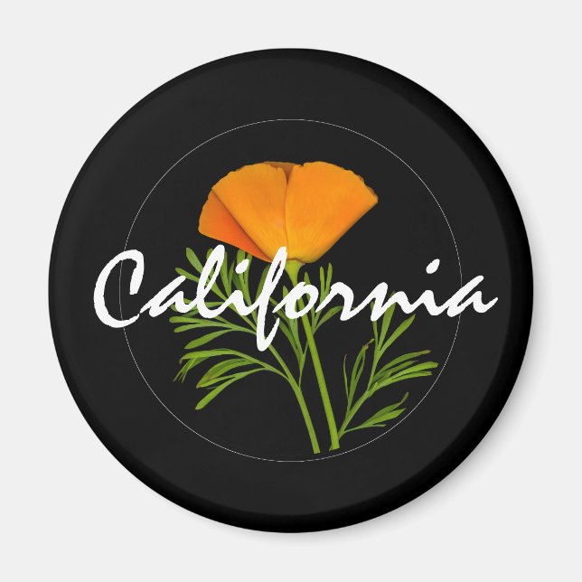 California Poppy on Black med "California" text Magnet (Framsidan)
