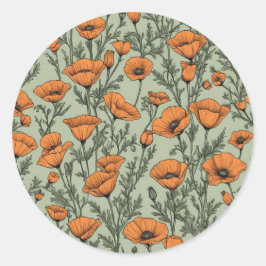 California Poppy Orange Flower mönster Runt Klistermärke