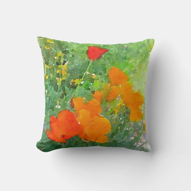 California Poppy Watercolor Pillow Kudde (Framsida)