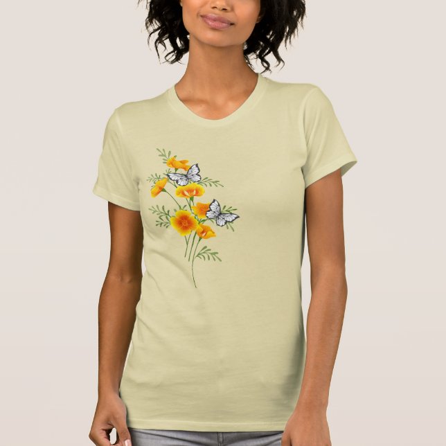 California Poppy with Butterflies Blommigt T Shirt (Framsida)