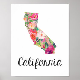 California Print, Blommigt California Karta Poster
