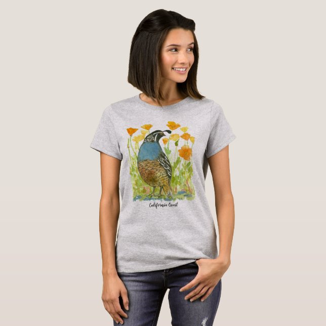 California Quail State Bird Orange Poppies Tee Shirt (Hel framsida)