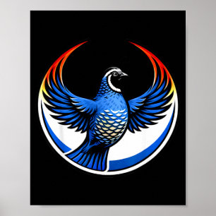 California Quail Vingar Upp Blå Cirkel Emblem T-sh Poster