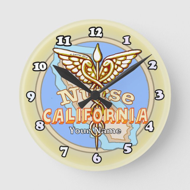 California Sjuksköterska Caduceus Rund Klocka (Framsida)