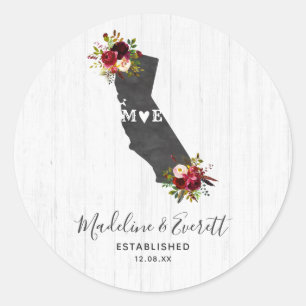 California State Rustic Blommigt Bröllop Monogram Runt Klistermärke