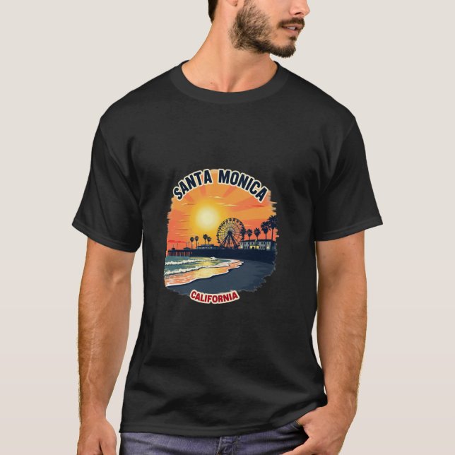 California Sunset Beach Ferris Wheel Santa Monica T Shirt (Framsida)