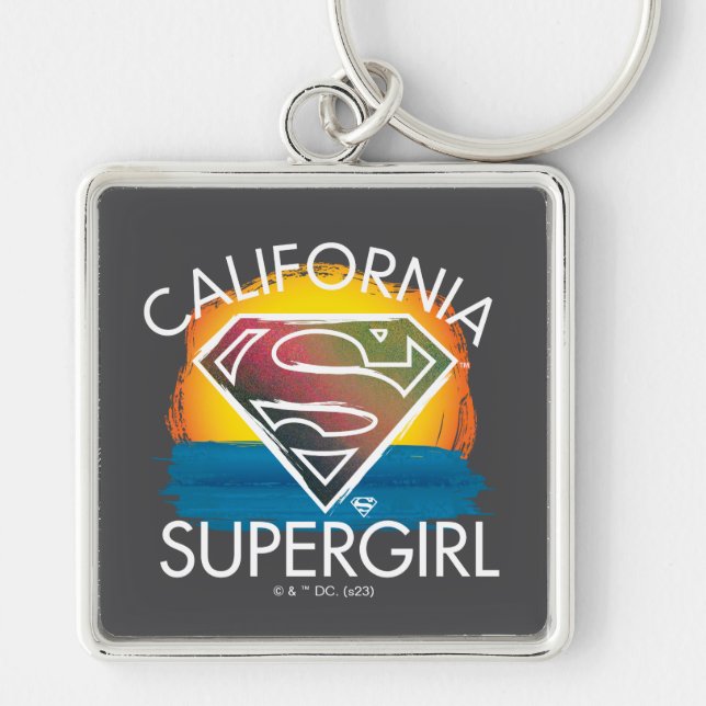 California Supergirl Sunset Graphic Fyrkantig Silverfärgad Nyckelring (Framsidan)
