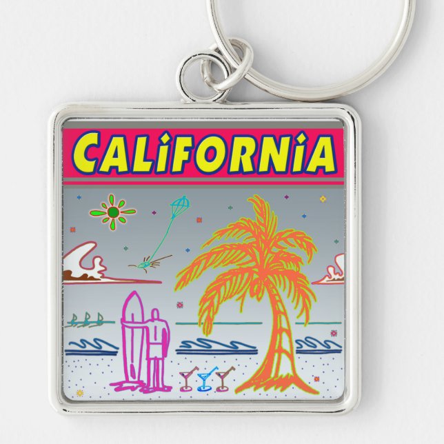 ’CALIFORNIA’ Surfer Beach Keychain Fyrkantig Silverfärgad Nyckelring (Framsidan)