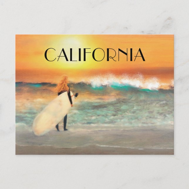 California Surfer Girl Beach Sunset vykort (Framsida)