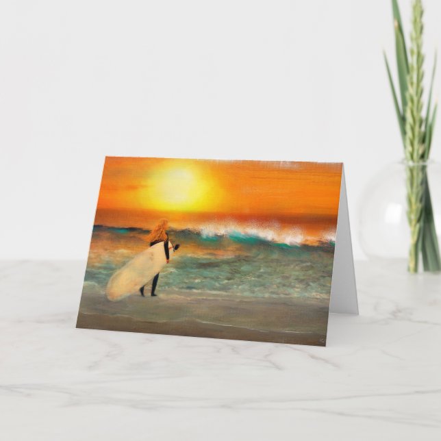 California Surfer Girl Sunset Beach Greeting Card Kort (Framsida)