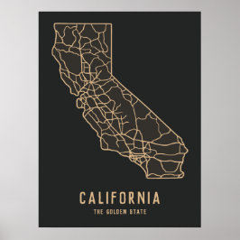 California US State road karta - guldstaten karta Poster