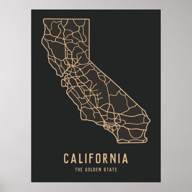 California US State road karta - guldstaten karta Poster (Framsidan)