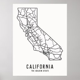 California US State road karta - guldstaten karta Poster