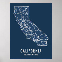 California US State road karta - guldstaten karta Poster