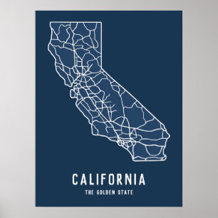 California US State road karta - guldstaten karta Poster
