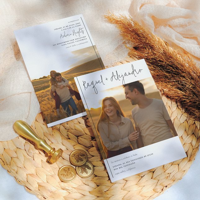 Caligrafía Boho Invación de Boda con 2 Fotos Inbjudningar (Skapare uppladdad)