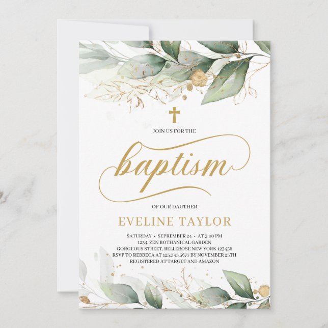 Caligraphy greenery eucalyptus guld lämnar baptism inbjudningar (Framsida)