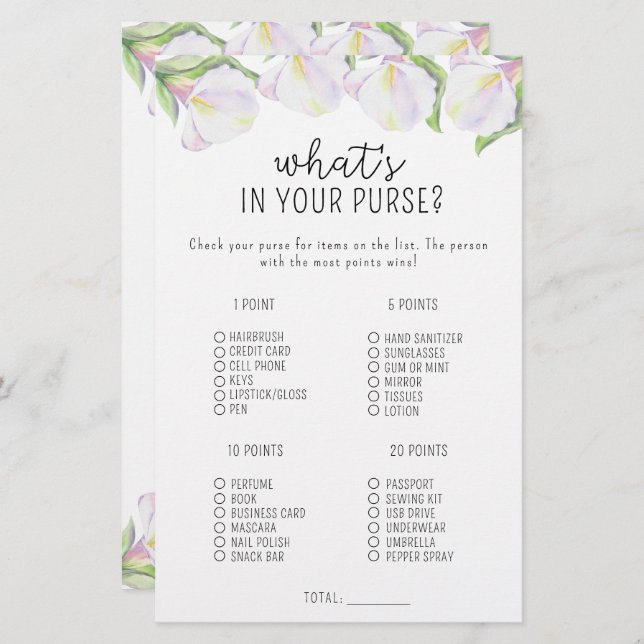 Calla-blommor - Vad är det i ditt handväska? (Fram/baksida)