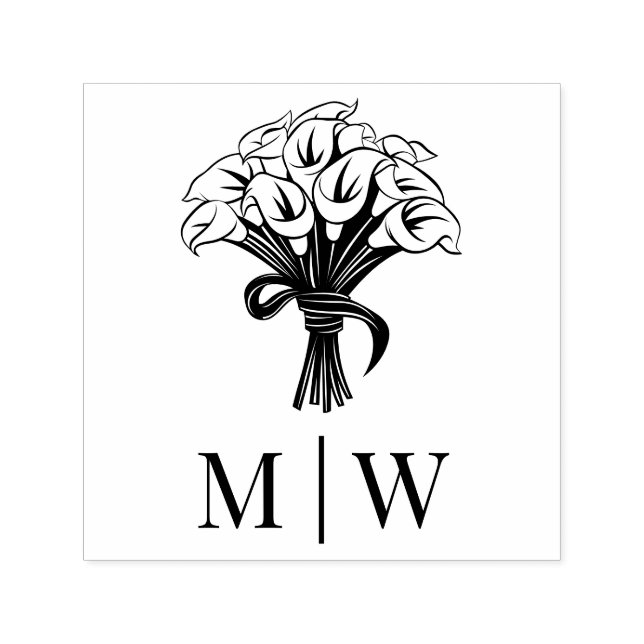 Calla Lilies Bouquet Bow Ribbon Couple Initialer Självfärgande Stämpel (Design)