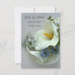 Calla lilies med blå nigella spara datumet