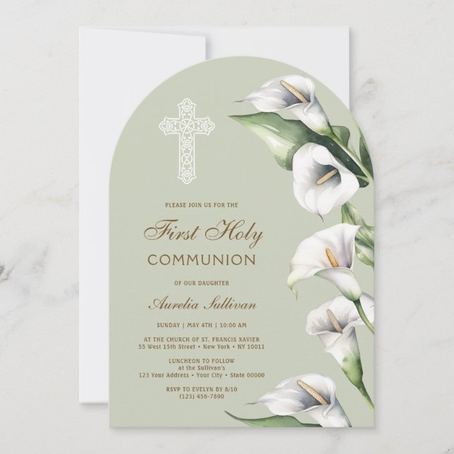 Calla Lilies on Sage Green Arch First Communion Inbjudningar (Framsida)