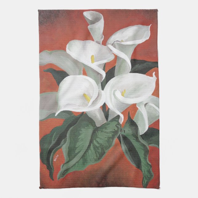 Calla Lilies på en röd bakgrund Kökshandduk (Vertikal)