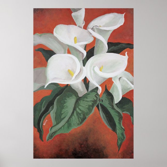 Calla Lilies på en röd bakgrund Poster (Framsidan)