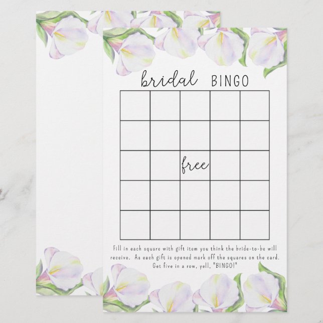 Calla liljor - Bröllopsduschbingo spel (Fram/baksida)