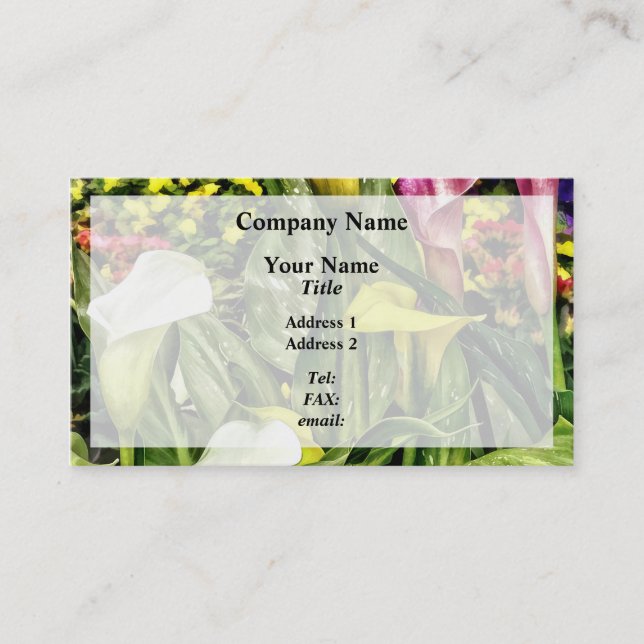 Calla liljor och penséer visitkort (Framsida)