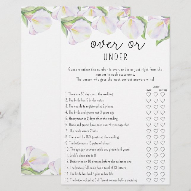 Calla liljor - Över eller under bröllopsspel (Fram/baksida)