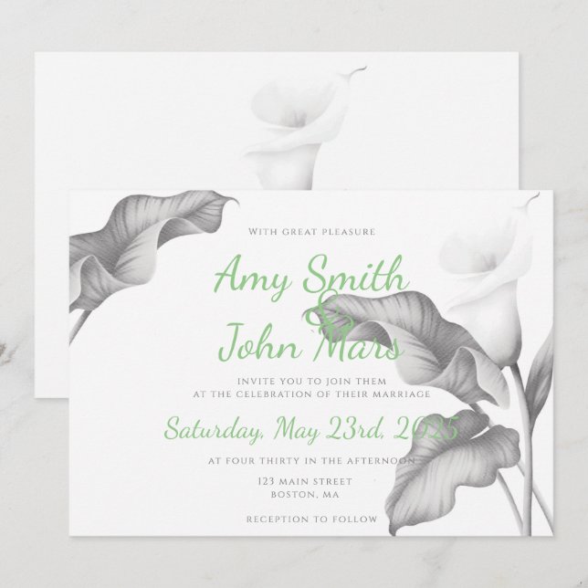 Calla Lilly Svart & Vit Inbjudningar (Fram/baksida)