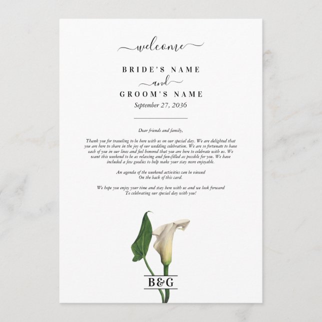 Calla Lily Botanical Bröllop Itinerary Program (Framsida)