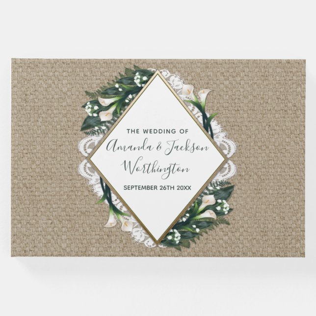 Calla Lily Burlap och Snöre Bröllop Guest Bok (Framsida)