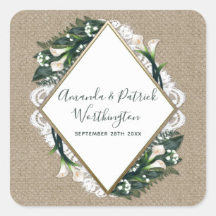 Calla Lily Burlap och Snöre Wedding Favor Stickers Fyrkantigt Klistermärke